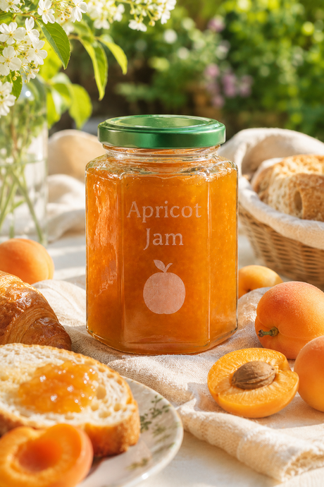 A personalised Jar of apricot jam  with a green lid  Jar of apricot jam on a table with apricots and bread, outdoor setting