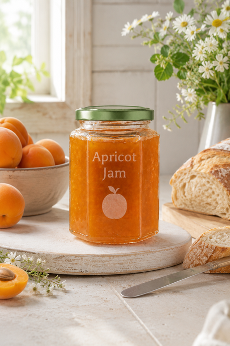 A personalised Jar of apricot jam  with a green lid  Jar of apricot jam on a table with apricots and bread