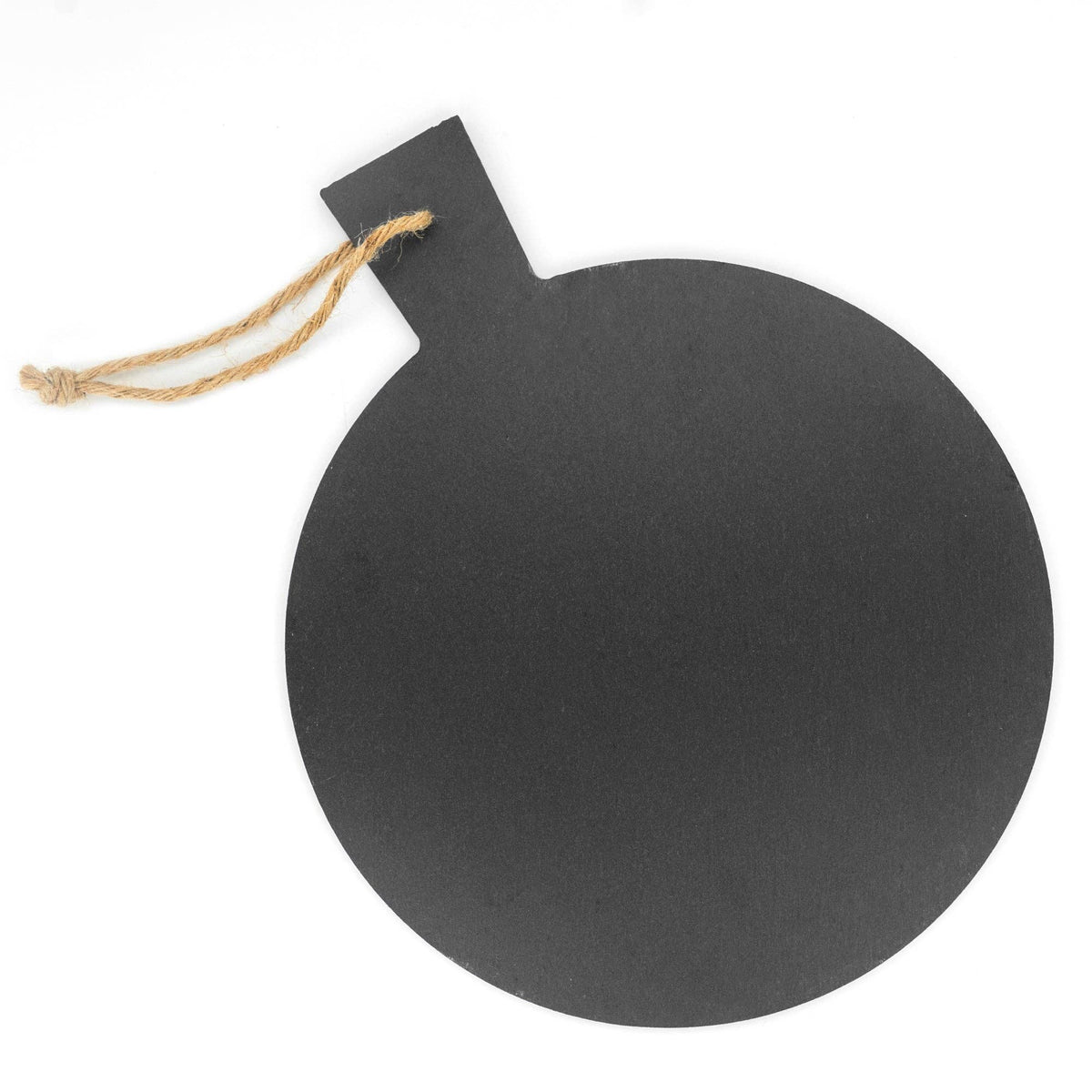 A round slate pizza serving board with handle.