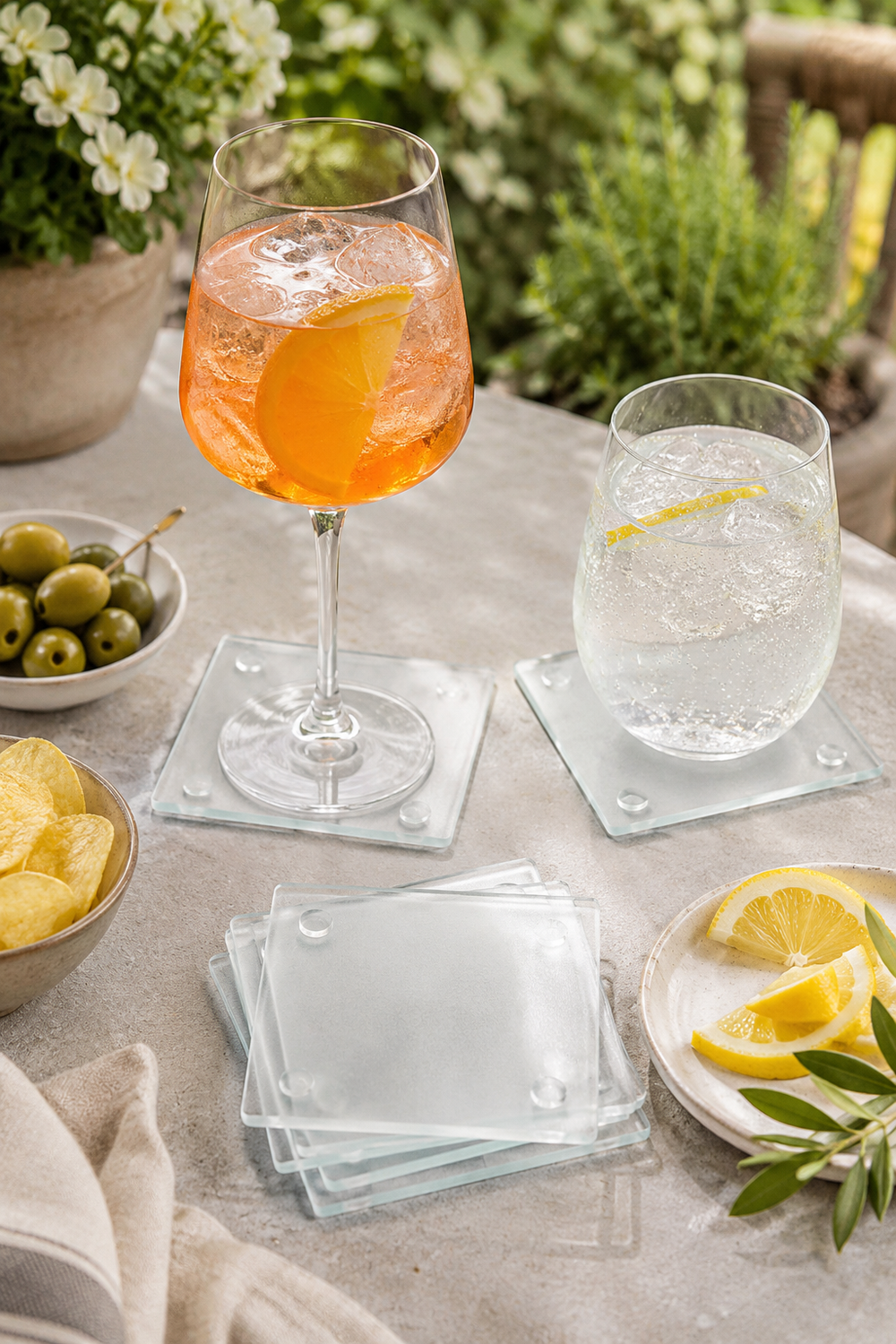 A set of 4 clear glass coasters with a clean square shape, made from toughened tempered glass 