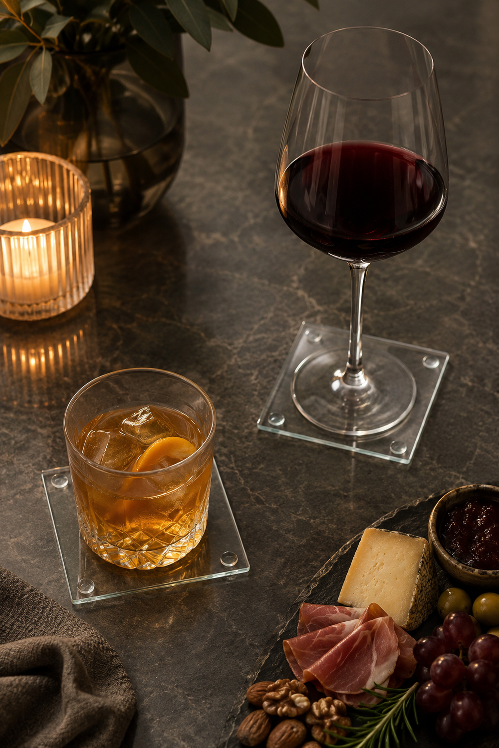 A set of 4 clear glass coasters with a clean square shape, made from toughened tempered glass 