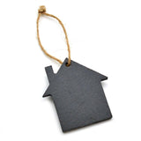 A small house-shaped dark grey slate ornament with a natural jute hanging string, shown on a plain white background.