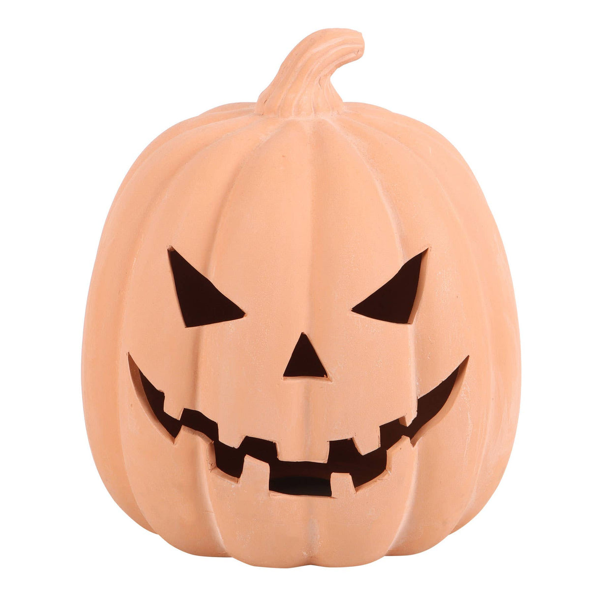 A terracotta carved jack-o'-lantern pumpkin decoration with a stitched, plastic-like texture in a warm peach-orange color, featuring black triangular eyes and a wide, jagged grin, isolated on a white background.