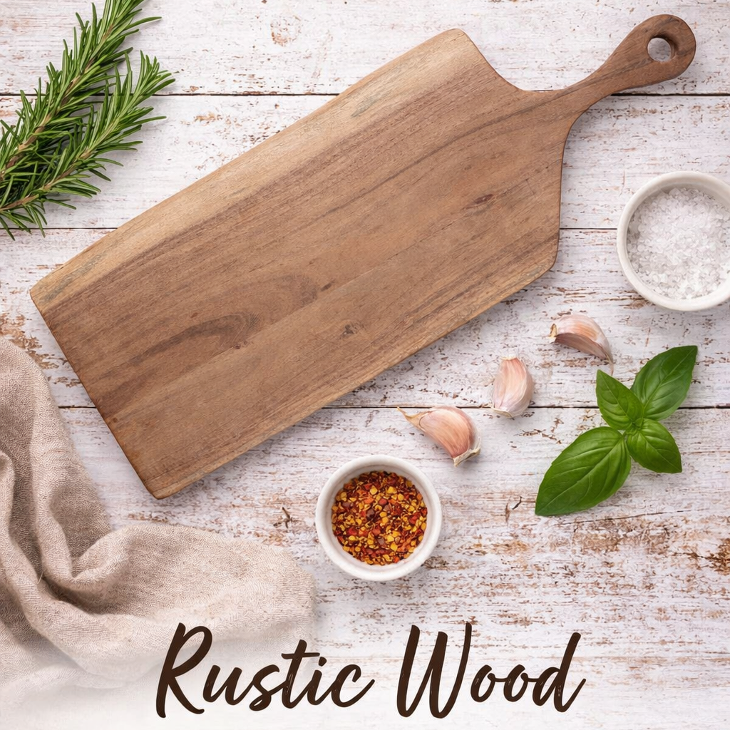 Wooden cutting board with herbs and spices on a rustic wooden surface
