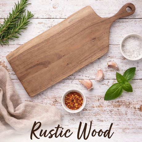 Wooden cutting board with herbs and spices on a rustic wooden surface
