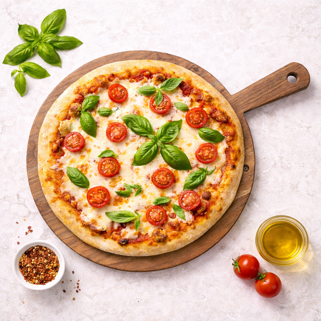 Pizza with tomatoes and basil on a wooden board, surrounded by ingredients on a light background