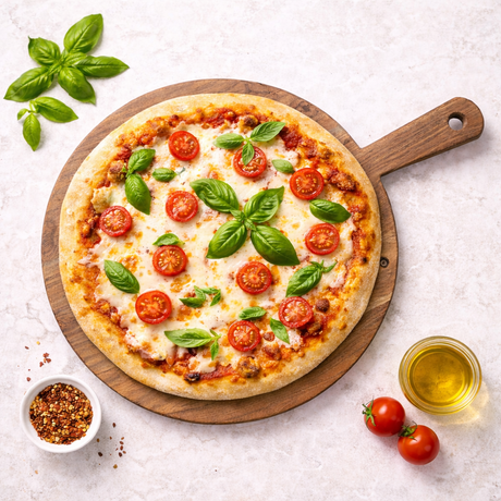 Pizza with tomatoes and basil on a wooden board, surrounded by ingredients on a light background