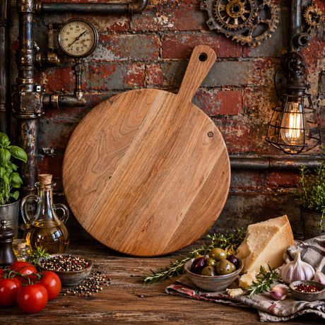 Wooden pizza peel on a rustic kitchen counter with ingredients and industrial decor.