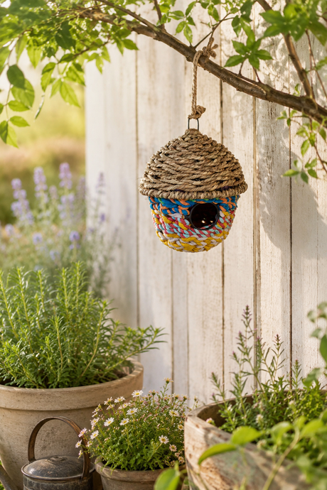 Colorful woven birdhouse hanging from a tree branch in a garden setting.