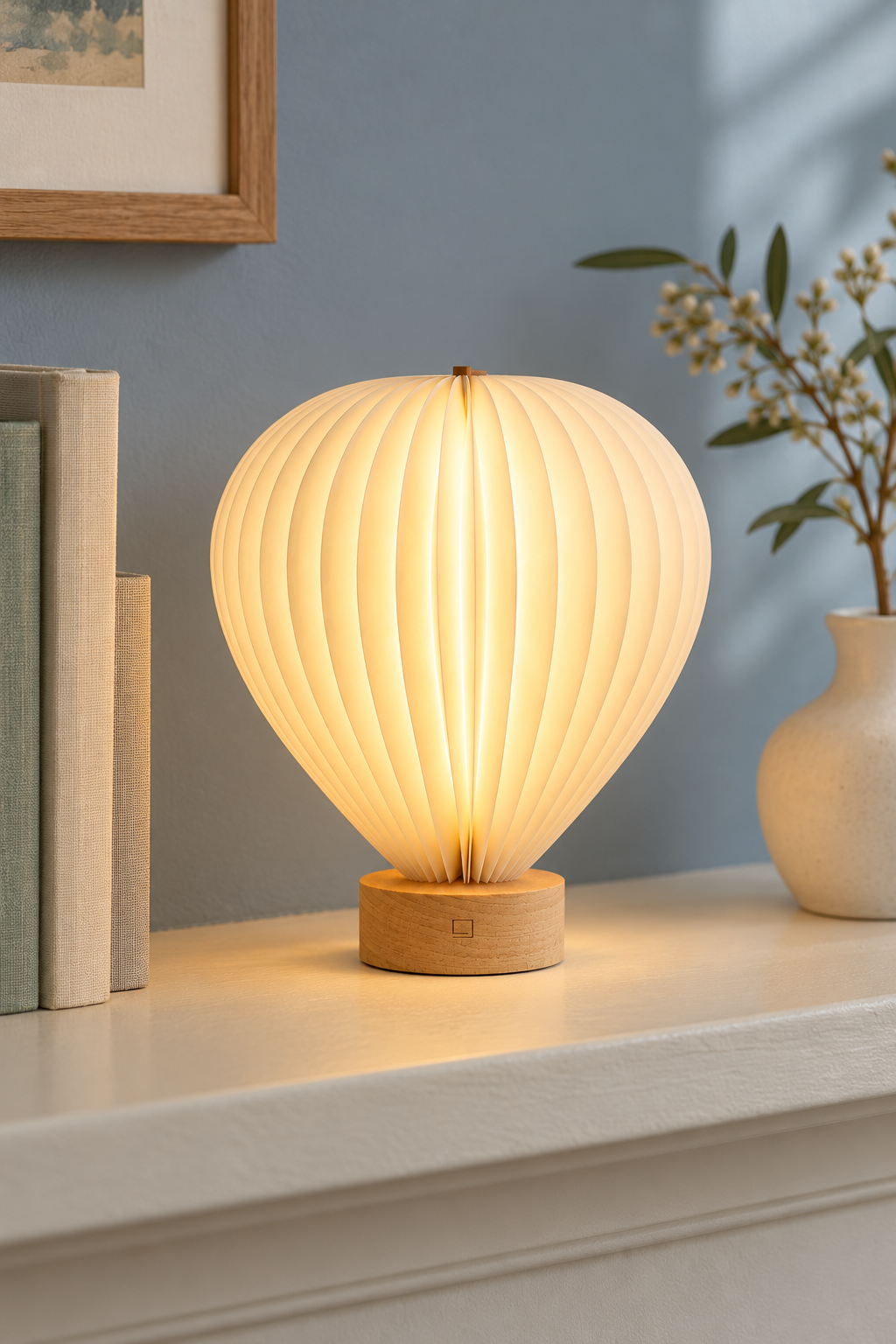 Walnut and beech Aeris hot air balloon lamps glowing on a wooden sideboard, with the walnut lamp raised on books