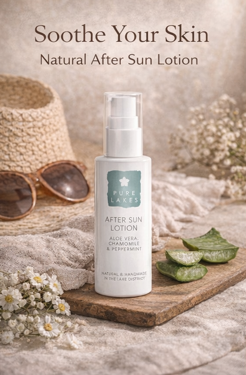 aloe vera after sun lotion with text and natural elements.