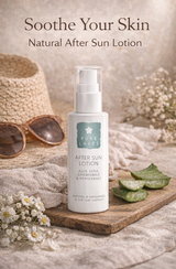aloe vera after sun lotion with text and natural elements.