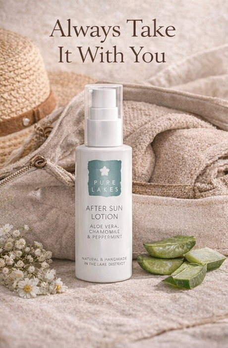 aloe vera after sun lotion with text and natural elements.