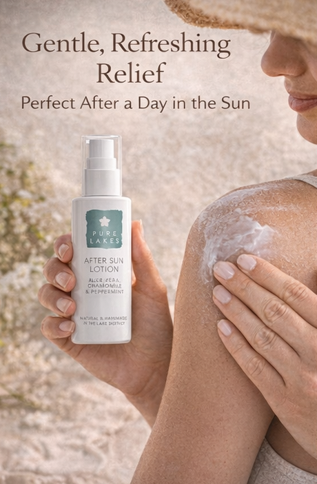 aloe vera after sun lotion with text and natural elements.