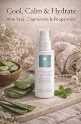 aloe vera after sun lotion with text and natural elements.