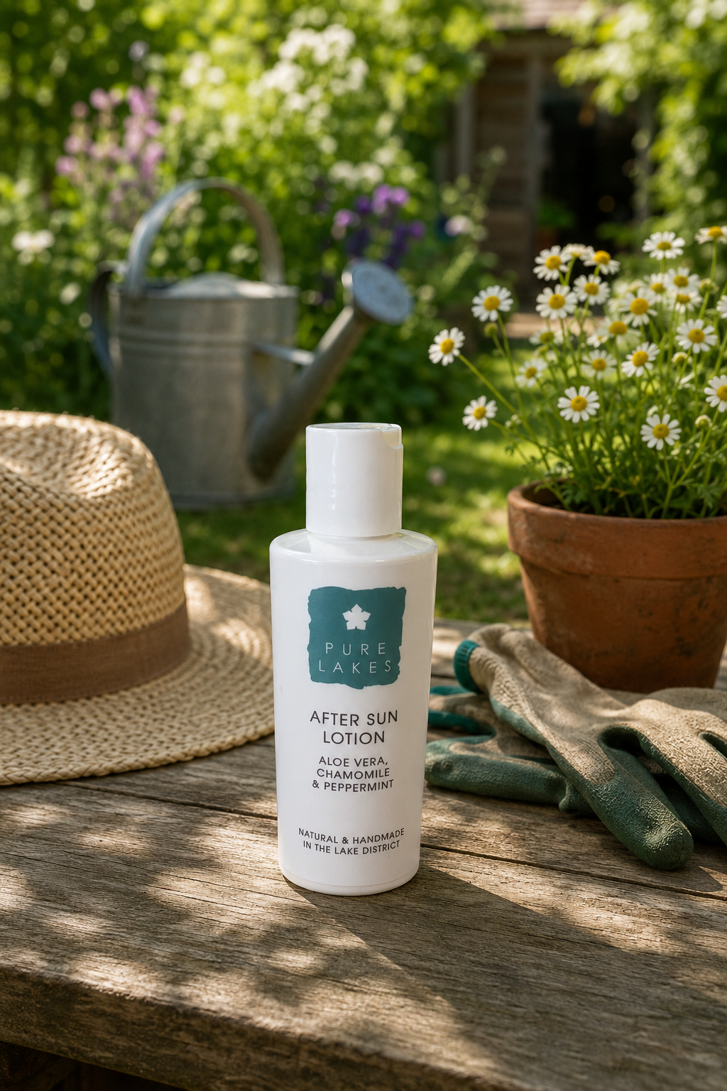 A bottle of Pure Lakes After Sun Lotion stands on a wooden table in a garden setting, surrounded by a straw hat, gardening gloves, a watering can, and a potted daisy plant.