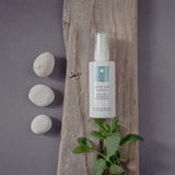 Lotion bottle on a wooden board with stones and a plant