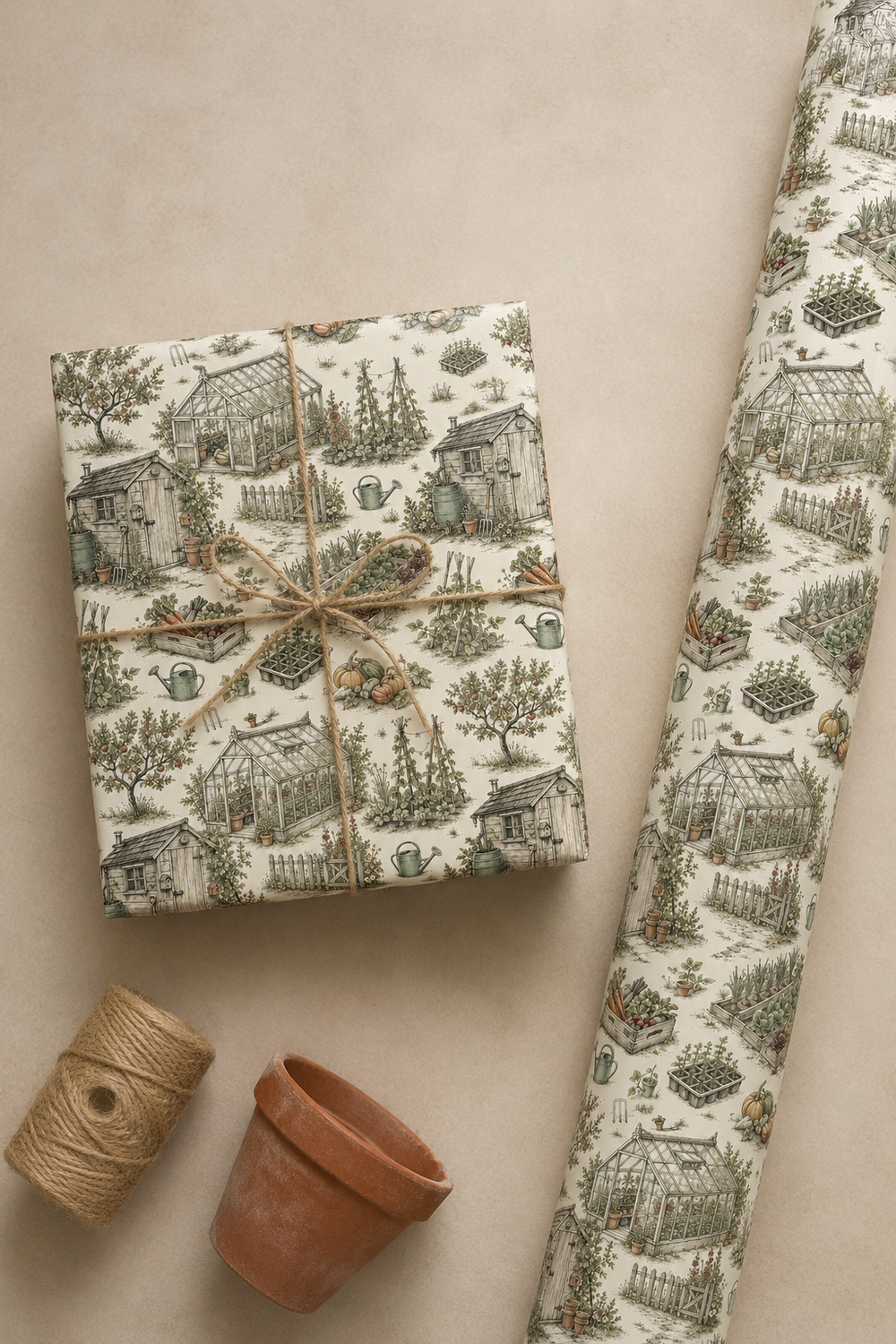 Allotment gift wrap with shed, vegetable beds and greenhouse illustration on a white background.