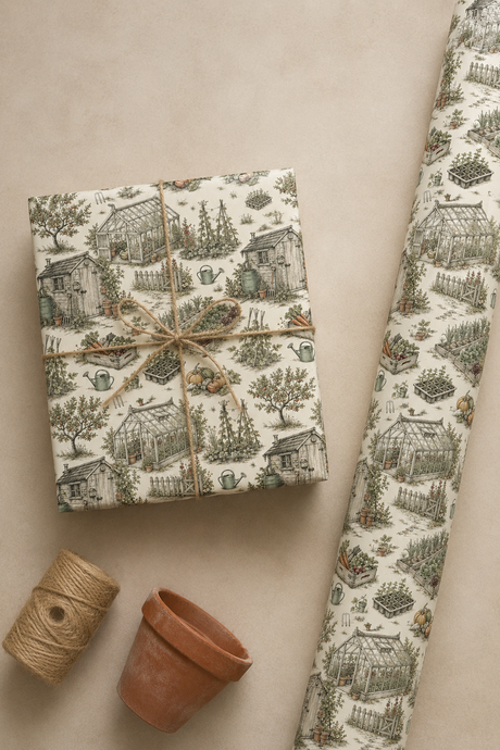 Allotment gift wrap with shed, vegetable beds and greenhouse illustration on a white background.