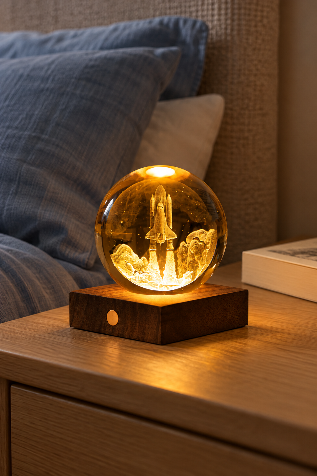 Discovery Launch crystal light glowing on an oak bedside table beside blue linen bedding and a book.
