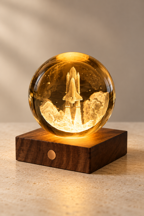 Discovery Launch crystal lamp on an oak desk beside a blue notebook, with a framed moon photograph behind.