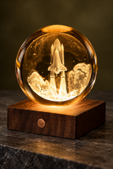 Discovery Launch crystal lamp on an oak desk beside a blue notebook, with a framed moon photograph behind.