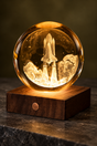 Discovery Launch crystal lamp on an oak desk beside a blue notebook, with a framed moon photograph behind.