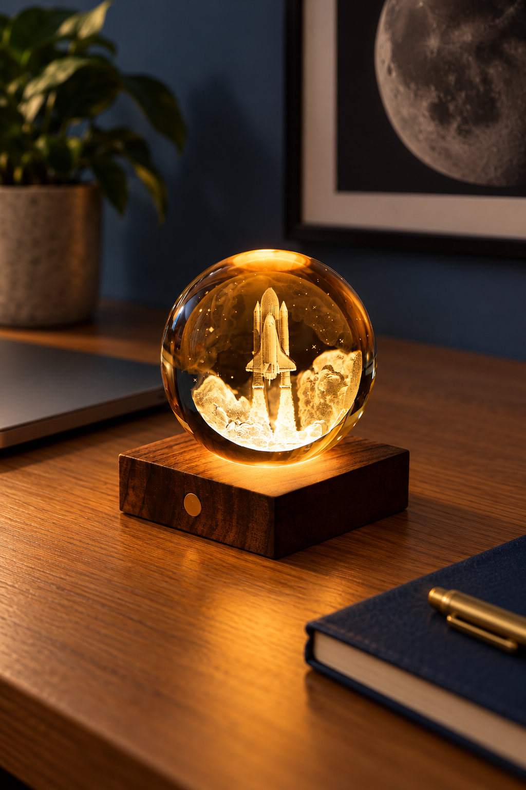 Discovery Launch crystal light glowing amber on a square walnut base, displayed on a pale stone surface.