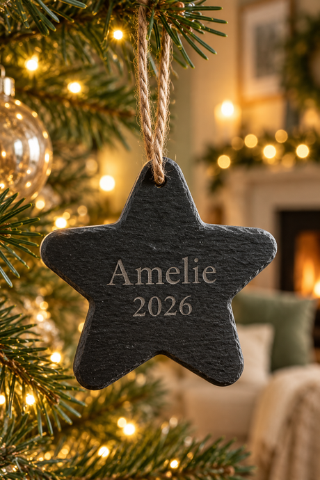 A personalized dark gray slate Christmas star ornament engraved with 'Amelie 2026' and hanging from a jute ribbon on a decorated Christmas tree in a cozy living room setting.