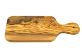 An olive Wood cutting board with a handle on a white background
