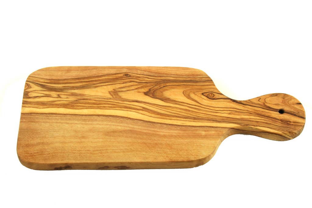 An olive Wood cutting board with a handle  on a white background