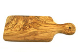 An olive Wood cutting board with a handle on a white background