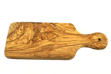 An olive Wood cutting board with a handle on a white background
