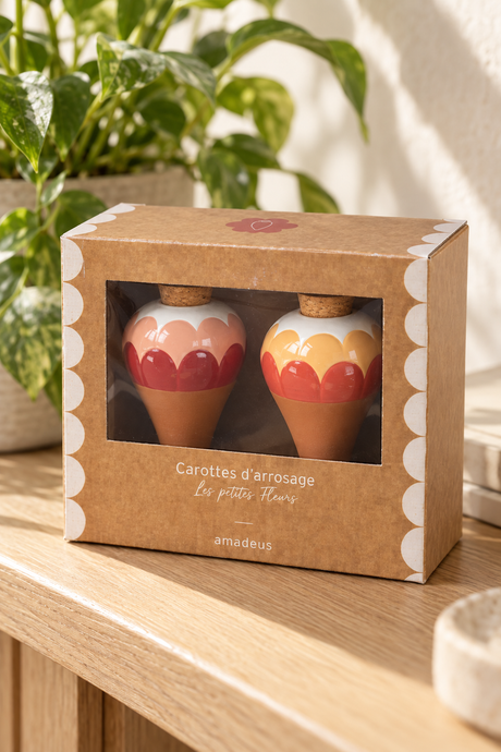 Bring blush pink, coral red and ochre into your houseplant collection. These Ana Rose terracotta watering spikes combine scalloped ceramic tops with a practical slow-release watering function