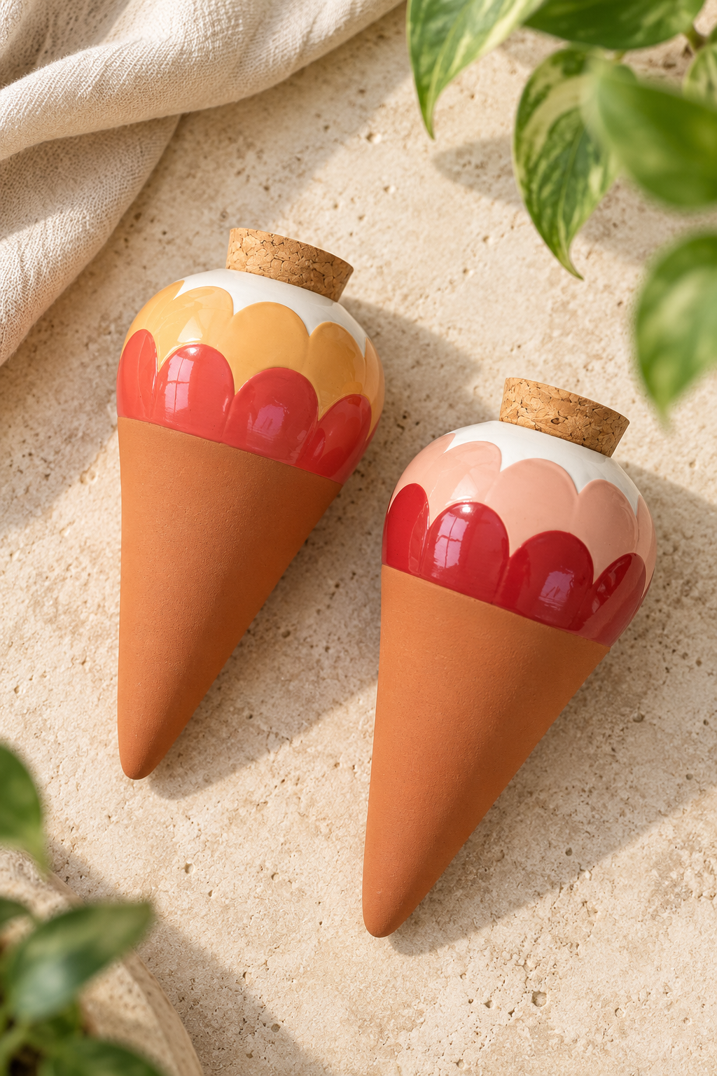 Bring blush pink, coral red and ochre into your houseplant collection. These Ana Rose terracotta watering spikes combine scalloped ceramic tops with a practical slow-release watering function