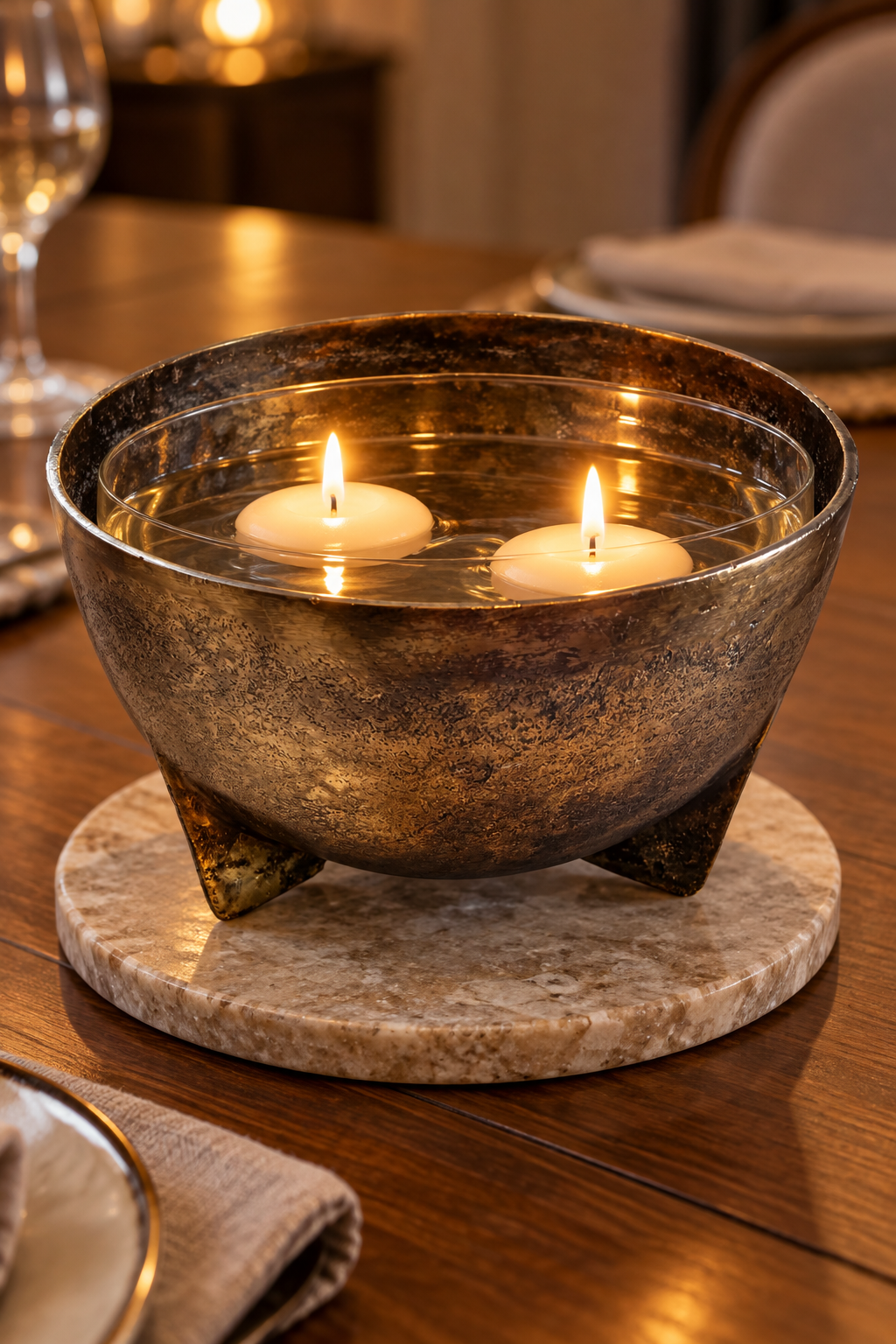 Two floating candles in a glass insert inside the antique gold Poseidon bowl, displayed on a stone coaster on a dining table.
