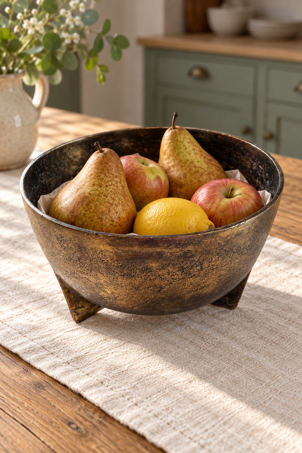 Footed antique gold Poseidon bowl holding pears, apples and a lemon on a protective liner on a wooden dining table.