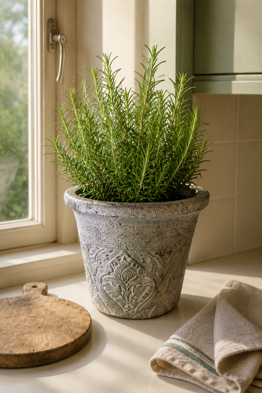 A potted rosemary plant in a textured gray stone pot, placed on a kitchen counter next to a window with natural light, a wooden cutting board, and a folded cloth.