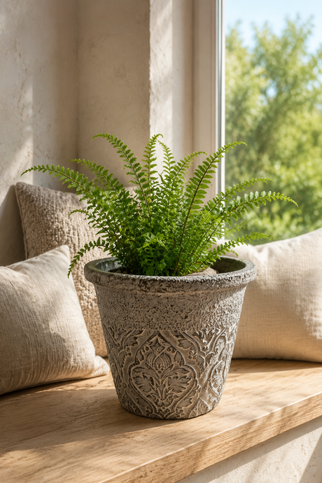 A green fern in a textured gray decorative pot, placed on a wooden windowsill with beige pillows and a window view of green trees in the background.