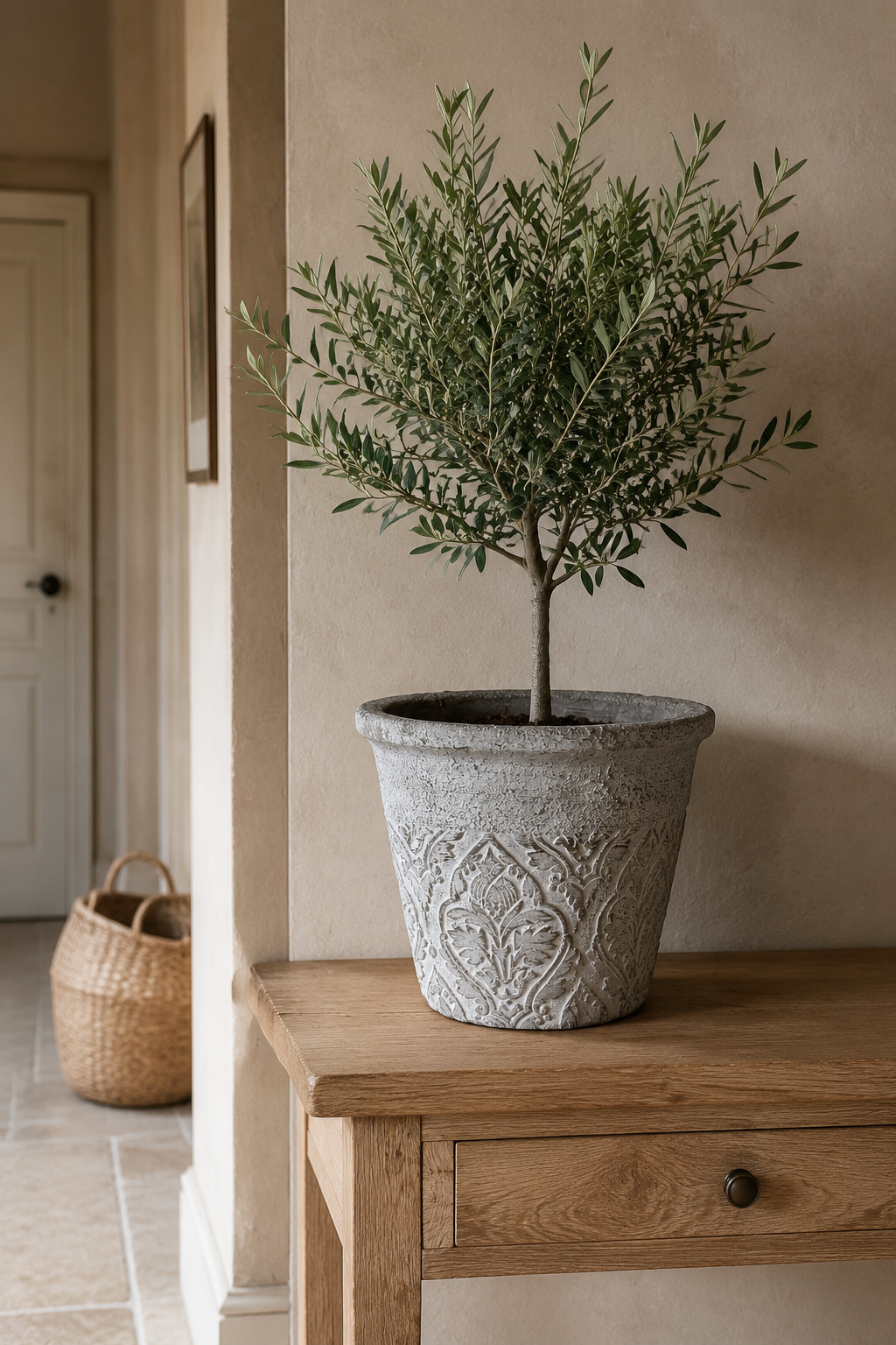 A potted olive tree with green leaves in a textured gray stone pot, displayed on a wooden console table in a warm, neutral-toned interior setting.