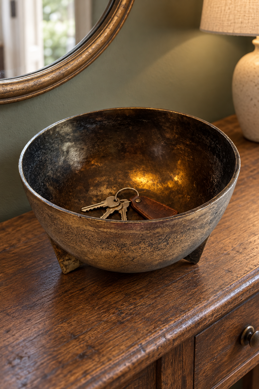 Antique gold Poseidon bowl holding house keys and a leather keyring on an oak hallway console beneath a mirror.