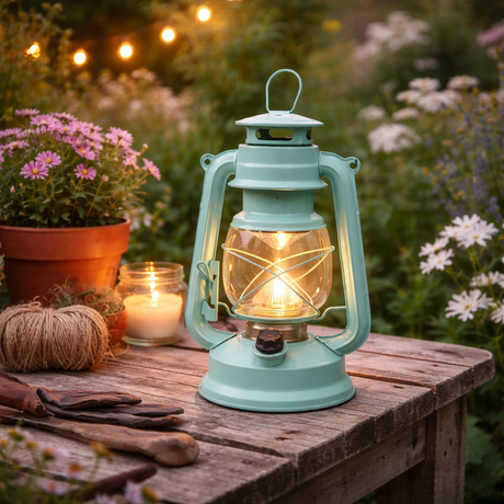 Turquoise lantern on a wooden table with garden decorations in the background