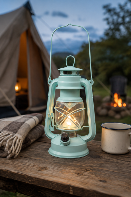 An aqua green vintage-style lantern with a warm glowing light inside, set on a rustic wooden table outdoors at dusk. A canvas tent, a blanket, and a mug are visible in the softly blurred background.
