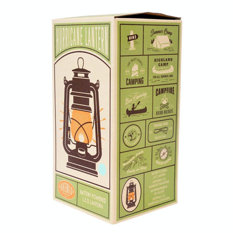 Box packaging of a lantern with a green and beige design on a white background