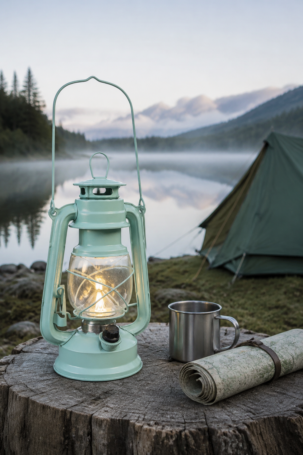 A mint green vintage-style lantern with a glowing light inside sits on a tree stump beside a metal cup and rolled map, with a camping tent, lake, and misty mountains in the background.