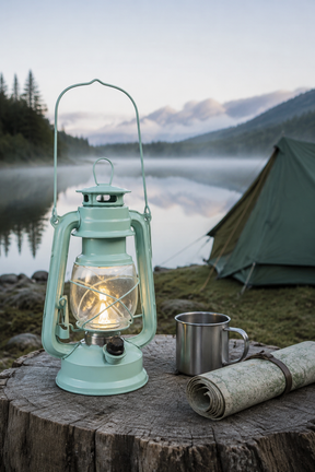 A mint green vintage-style lantern with a glowing light inside sits on a tree stump beside a metal cup and rolled map, with a camping tent, lake, and misty mountains in the background.