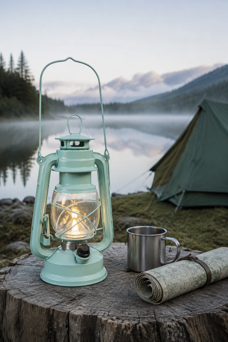 A mint green vintage-style lantern with a glowing light inside sits on a tree stump beside a metal cup and rolled map, with a camping tent, lake, and misty mountains in the background.