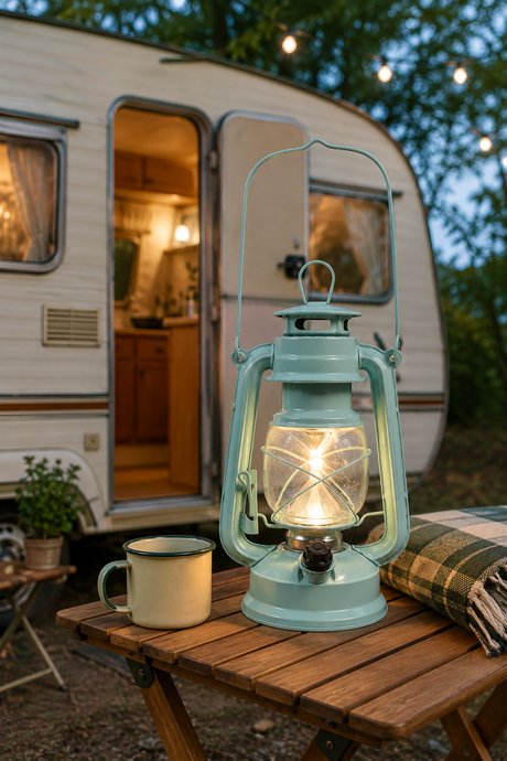 A vintage-style teal lantern with a glowing light inside sits on a wooden table outdoors in front of a retro camper trailer. A cream mug and a plaid blanket are also on the table, with string lights and trees in the background.