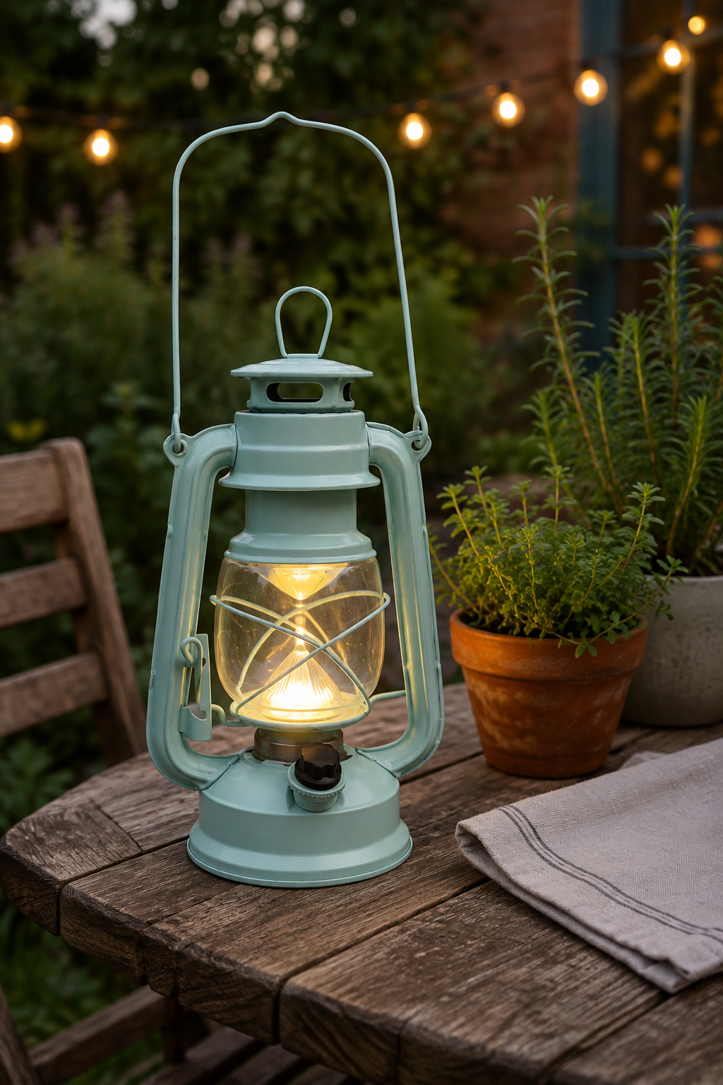 A vintage-style teal lantern with a warm glowing light inside, displayed on a rustic wooden table outdoors next to potted plants and a folded napkin.