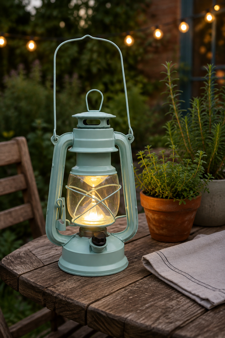 A vintage-style teal lantern with a warm glowing light inside, displayed on a rustic wooden table outdoors next to potted plants and a folded napkin.